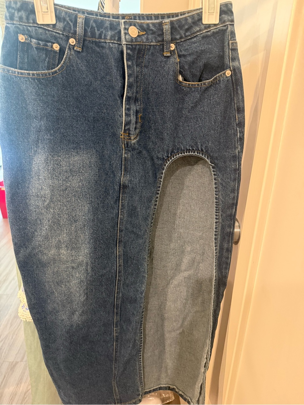 Dark Blue Denim Skirt with Front Cutout